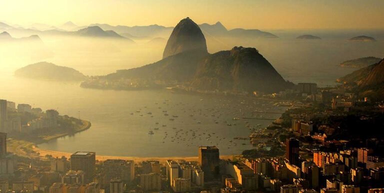 Landscape colour photograph of Sugarloaf mountain in Rio De Janeiro, Brazil.