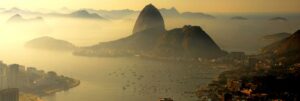 Landscape colour photograph of Sugarloaf mountain in Rio De Janeiro, Brazil.