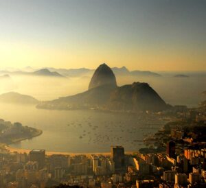 Landscape colour photograph of Sugarloaf mountain in Rio De Janeiro, Brazil.