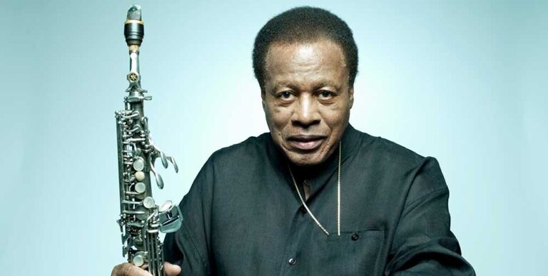 Colour portrait of musician Wayne Shorter.