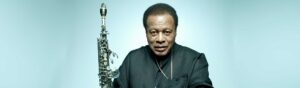 Colour portrait of musician Wayne Shorter.