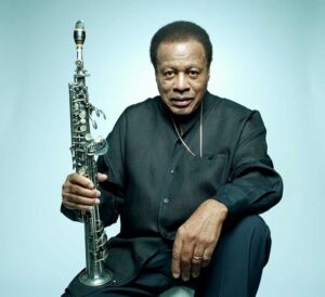 Colour portrait of musician Wayne Shorter.