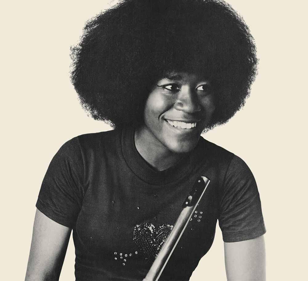 Black and white photograph of jazz flautist Bobbi Humphrey.