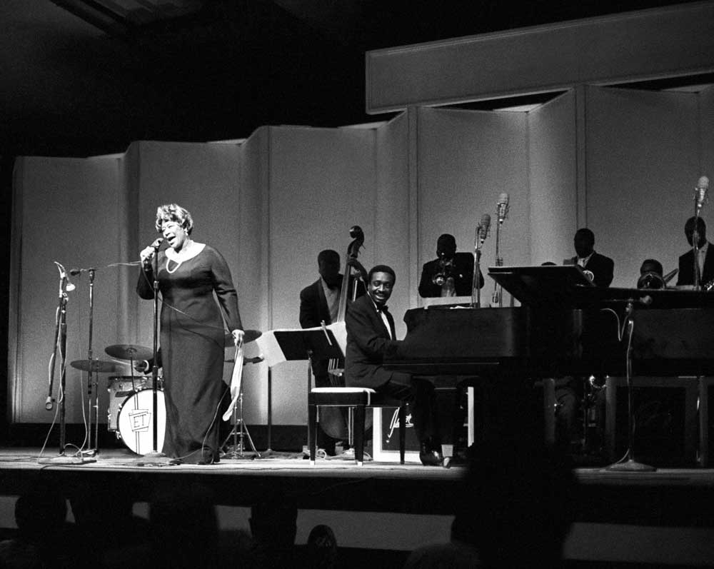 Jazz singer Ella Fitzgerald performing live in San Francisco with the band.