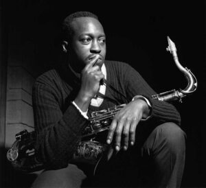 Black and white photograph of Jazz musician Hank Mobley by Francis Wolff.